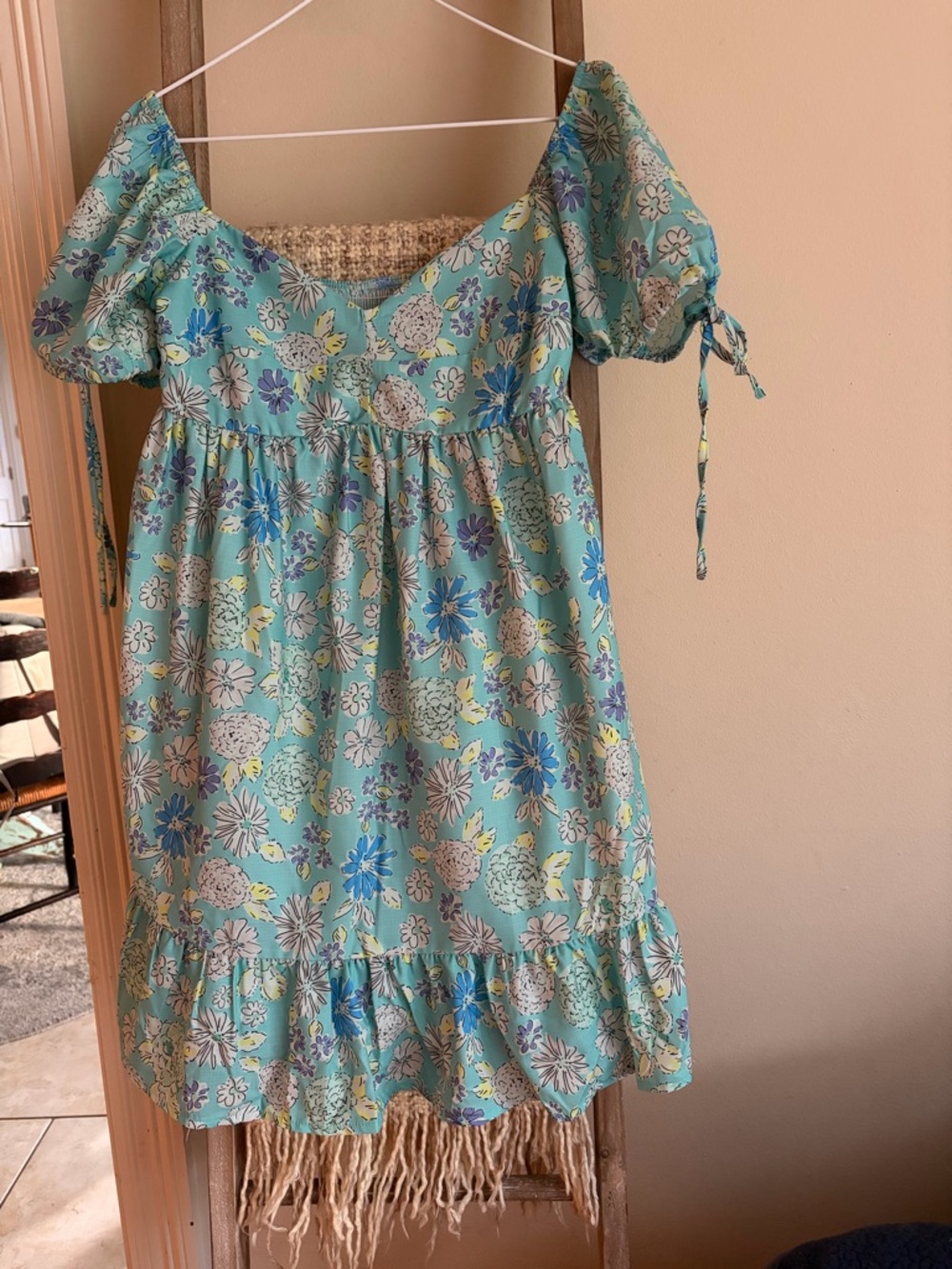 Floral tie Sleeve Dress - Mint Blue